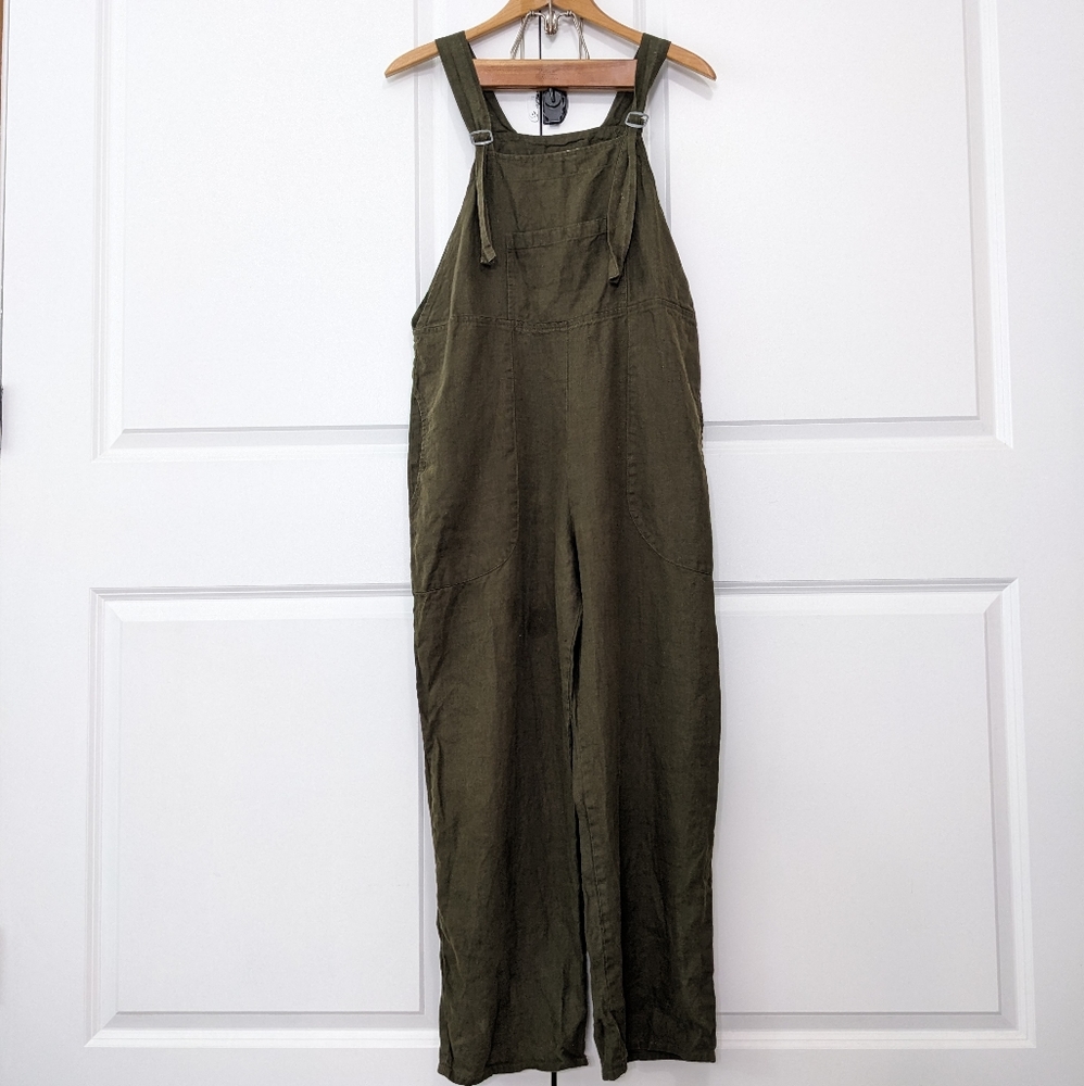 Flax Linen Overalls Women's Small Green Jumpsuit Bib Wide Leg Pockets Lagenlook